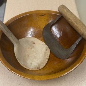 Vintage antique Wooden Bowl with spoon and food chopper Utensils